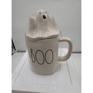 Rae Dunn Halloween Coffee Mug 2021 “BOO” White Mug With Ghost Topper Lid HTF New